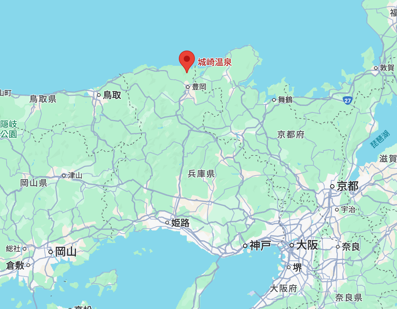 城崎溫泉的地理位置，位於兵庫縣、鄰近豐岡市