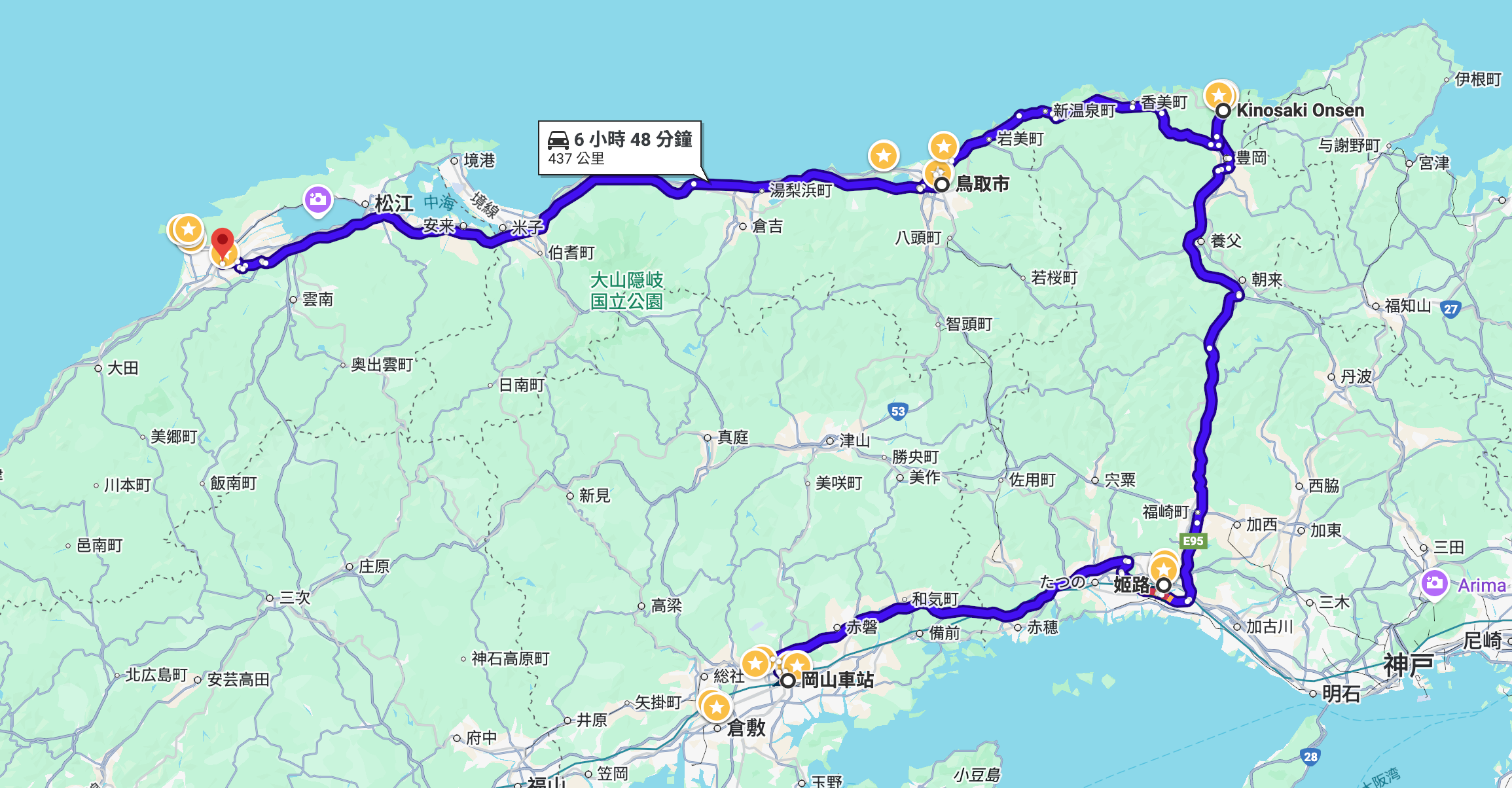 岡山到米子 8 天 7 夜行程總覽地圖，規劃路線包含岡山、倉敷、姬路、城崎溫泉、鳥取、米子及出雲大社，展示山陰山陽不走回頭路的深度旅遊路線